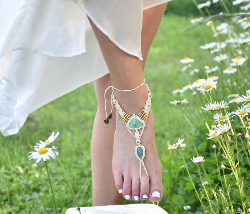 White boho wedding shoe, bridal barefoot sandal, macrame foot thong - Sandals - Gemstone 