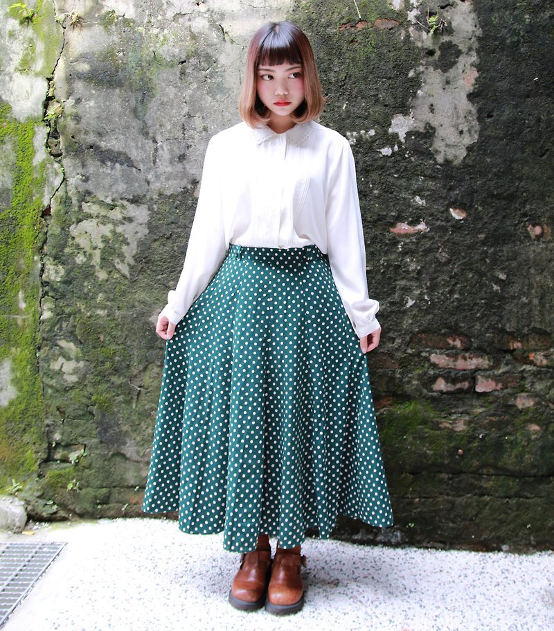 Back to Green:: 薄荷綠 白色點點 圓裙 vintage skirt ( SK-24 ) - 裙子/長裙 - 聚酯纖維 綠色