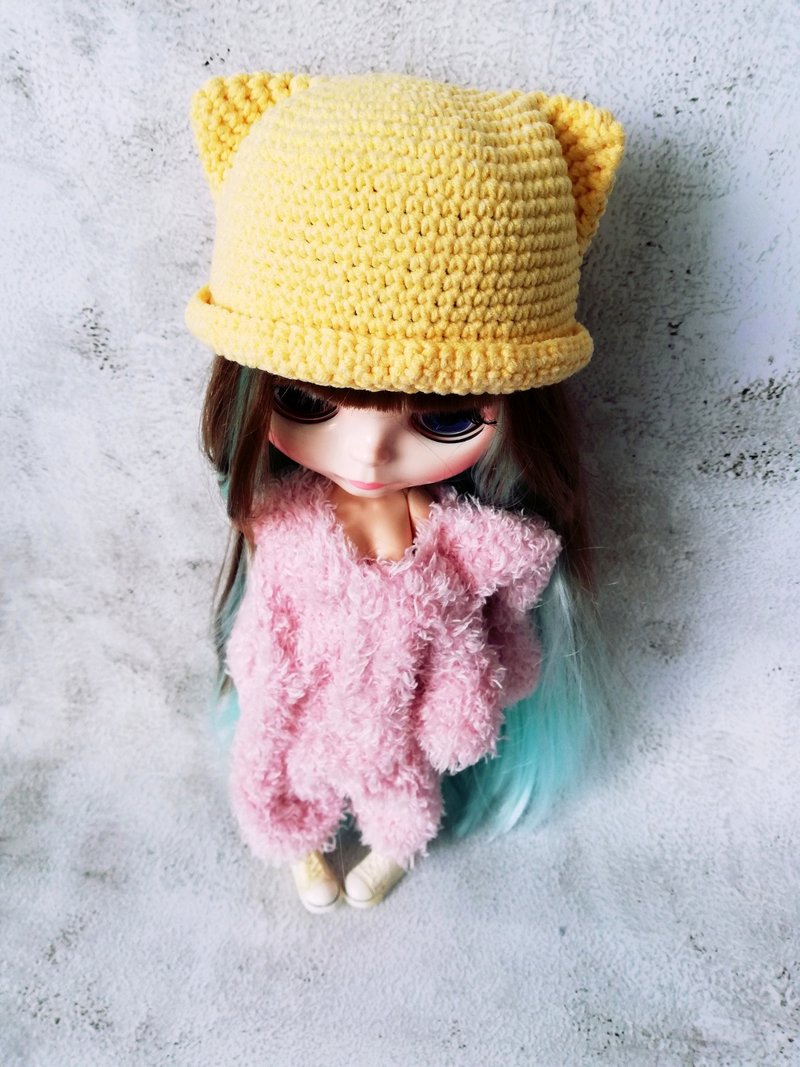 Blythe hat crochet yellow Cat - 玩偶/公仔 - 棉．麻 黃色