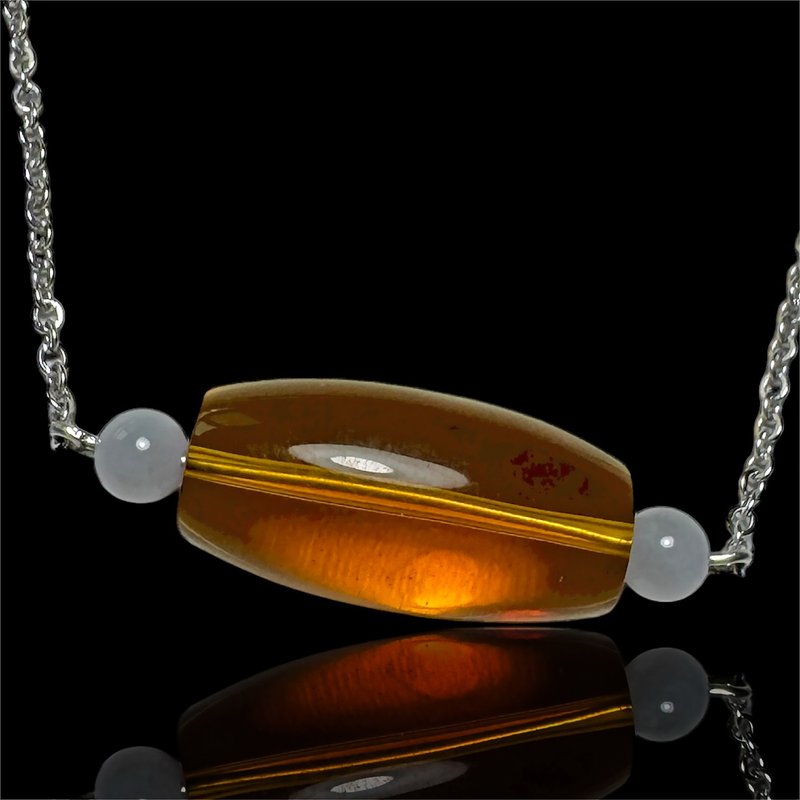 A04 頂級黃金珀金珀桶珠項鍊 搭配天空藍翡翠能量珠 招財聚富 - 項鍊 - 其他材質 咖啡色