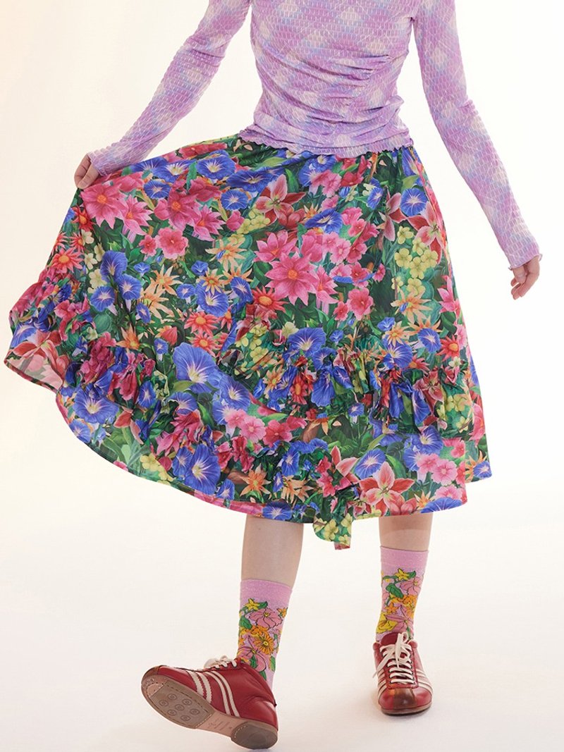 Flower plaid ruffle skirt autumn and winter skirt umbrella skirt - กระโปรง - วัสดุอื่นๆ หลากหลายสี