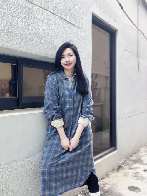 河水山 60s-70s Europe pull over shirt藍灰色 歐洲法蘭絨格紋長版襯衫