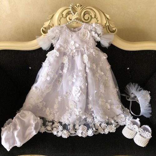 V.I.Angel White dress with 3d flowers with pearls and sparkles, bonnet, panties and shoes.