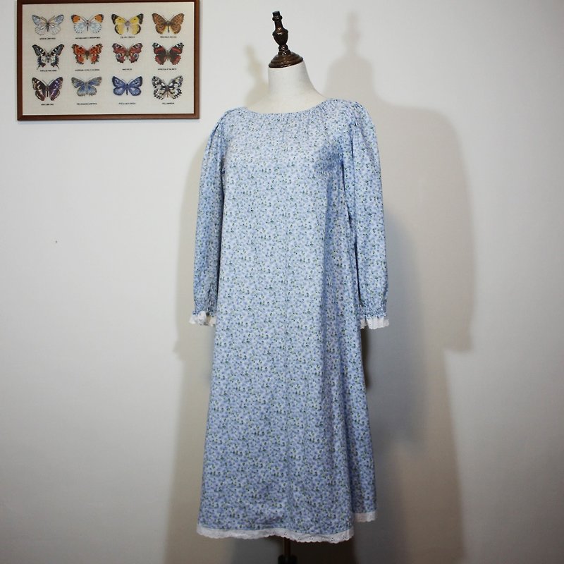 (Vintage Japanese vintage dress) water blue floral long-sleeved dress F3530 - One Piece Dresses - Cotton & Hemp Blue