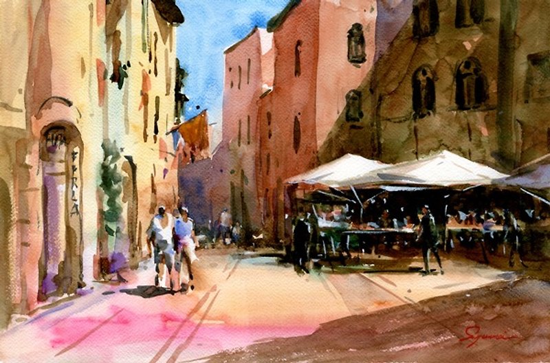 Watercolor painting San Gamignano Street - โปสเตอร์ - กระดาษ สีส้ม