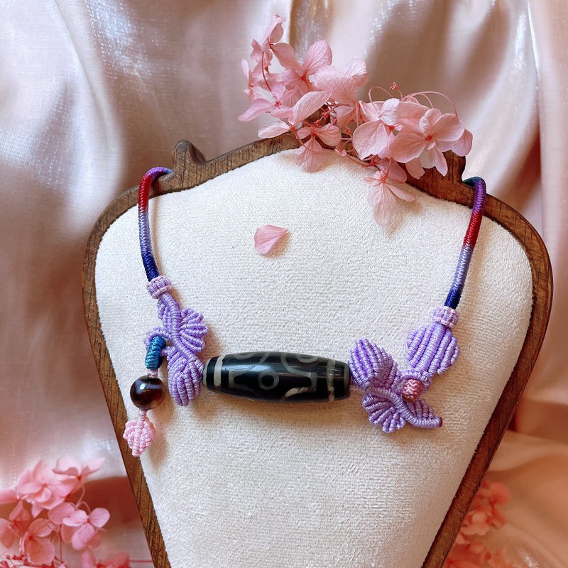 古董六眼天珠紫彩造型編繩頸圈項鍊 - 項鍊 - 玉石 紫色