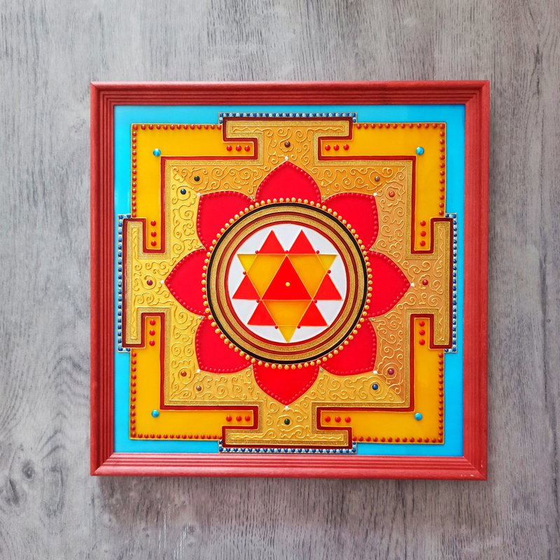 Durga Yantra Vedic astrology Stained glass paint Jyotish Mandala glass art Vastu - Wall Décor - Glass Orange