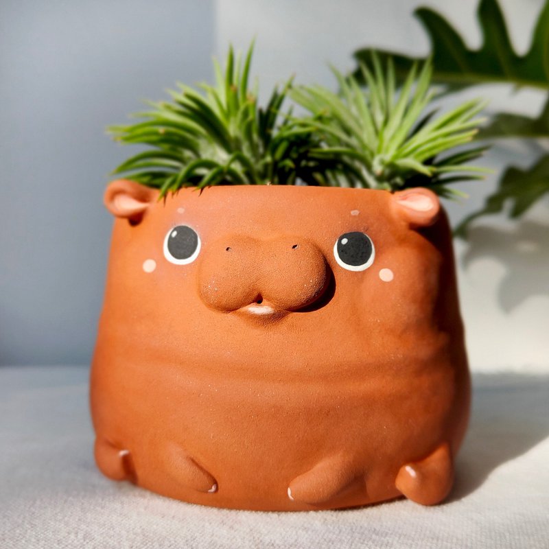 Cute terracotta Hippo Planter. Handmade pot with drainage. - 花瓶/花器 - 陶 