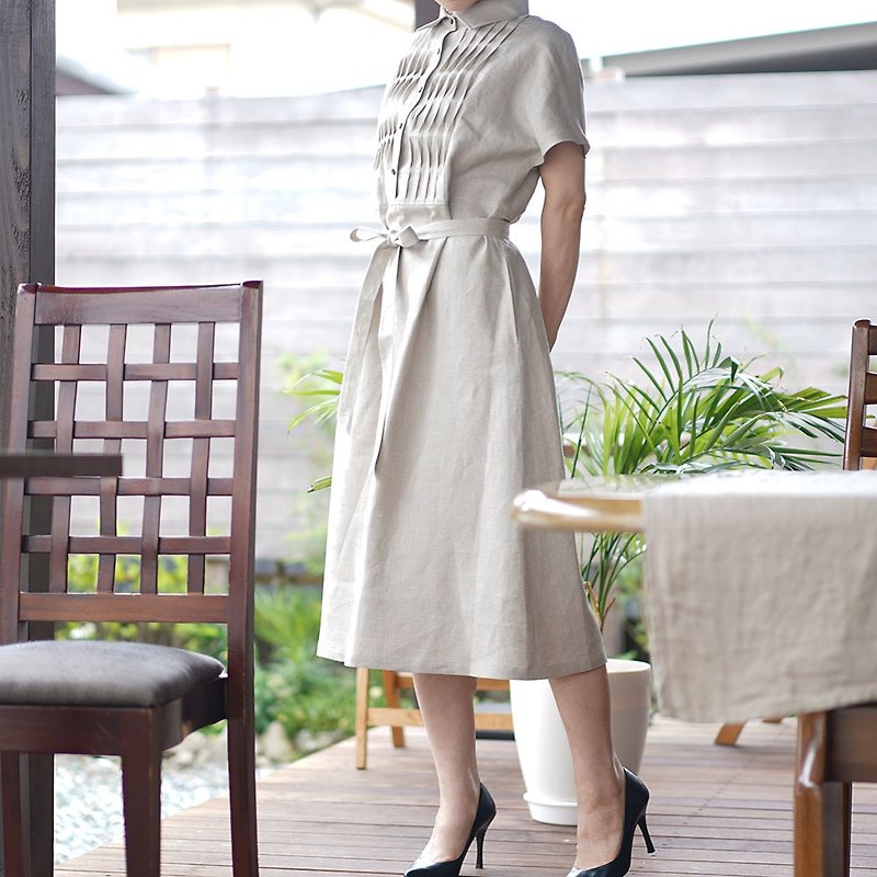 wafu - 純亞麻洋裝 Midweight Linen Wave-pin-tuck front Dress / Flax a081a-amn2 - ชุดเดรส - ลินิน ขาว