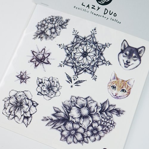╰ LAZY DUO TATTOO ╮ 手繪水彩動物紋身貼紙簡約花草寵物刺青可愛唯美夏天空少女夢幻想