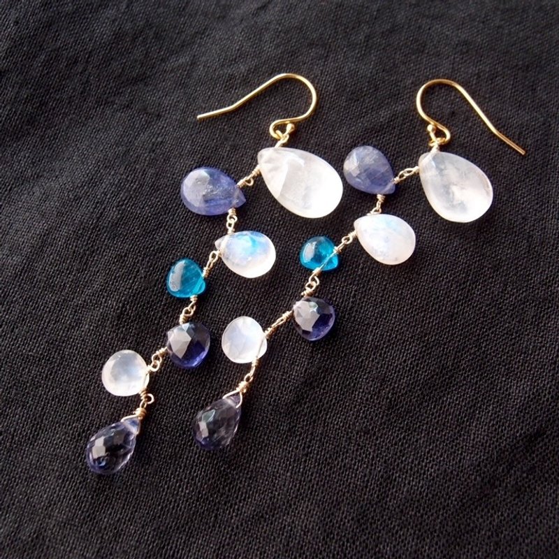 【K14gf】Mobile Earrings モビールピアス White × Blue - 耳環/耳夾/耳骨夾 - 寶石 白色