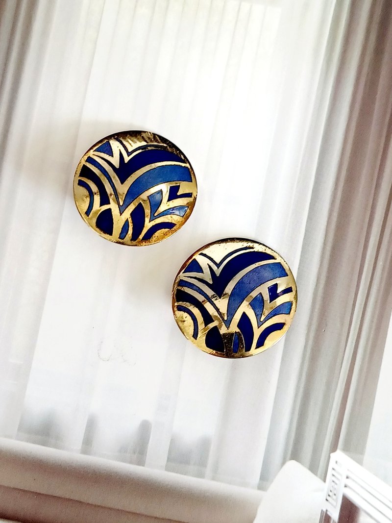 vintage jewelry  古典景泰藍 藍色藺草 夾式耳環 - 耳環/耳夾/耳骨夾 - 其他金屬 