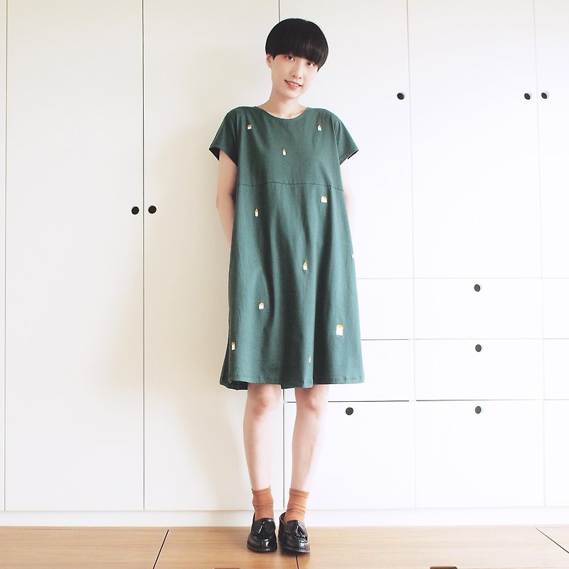 little house dress : green - 連身裙 - 棉．麻 綠色