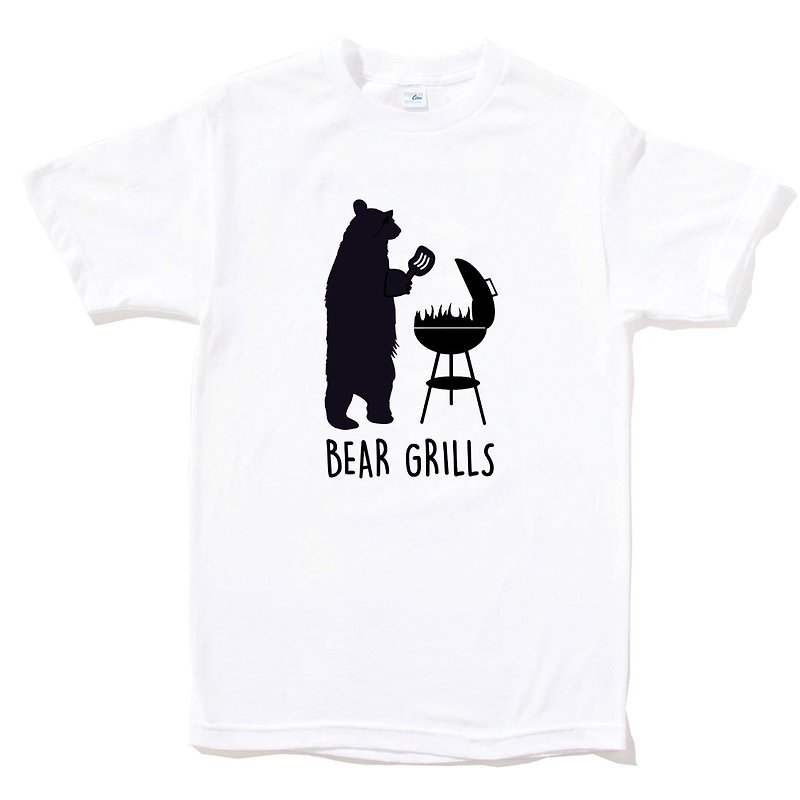 熊熊烤肉 現貨 短袖T恤 白色 露營 動物 趣味 野外 bear 滑雪 美國棉 - 男 T 恤 - 棉．麻 白色