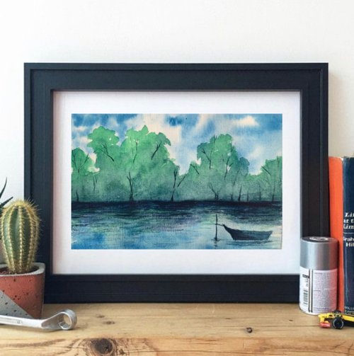 オリジナルの水彩風景の森の絵川の風景ボートの絵 - ショップ