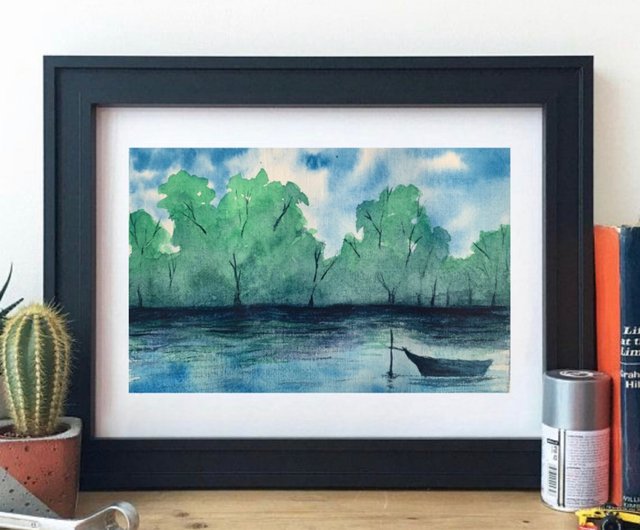 水彩画 ボートと風景 グレー系