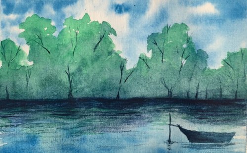 オリジナルの水彩風景の森の絵川の風景ボートの絵 - ショップ
