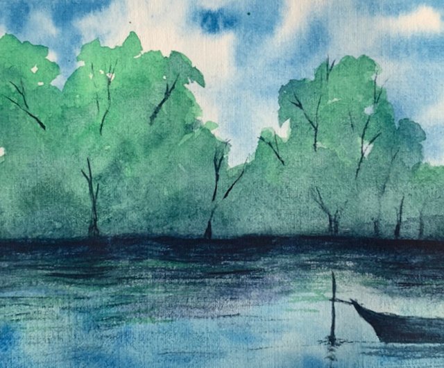 水彩画 ボートと風景 グレー系