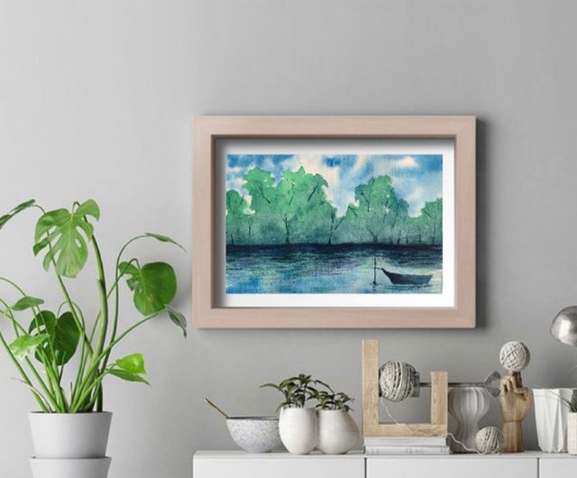 油絵　ボート　自然 オリジナルの水彩風景の森の絵川の風景ボートの絵 - ショップ