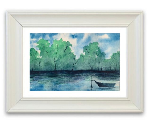 水彩画 ボートと風景 グレー系