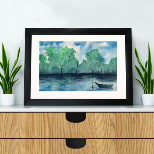 オリジナルの水彩風景の森の絵川の風景ボートの絵 - ショップ