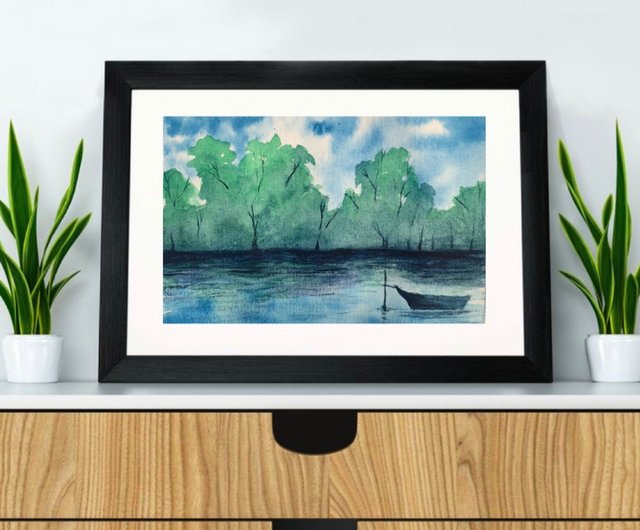 オリジナルの水彩風景の森の絵川の風景ボートの絵 - ショップ