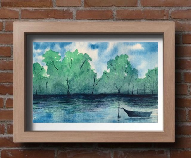 油絵　ボート　自然 オリジナルの水彩風景の森の絵川の風景ボートの絵 - ショップ