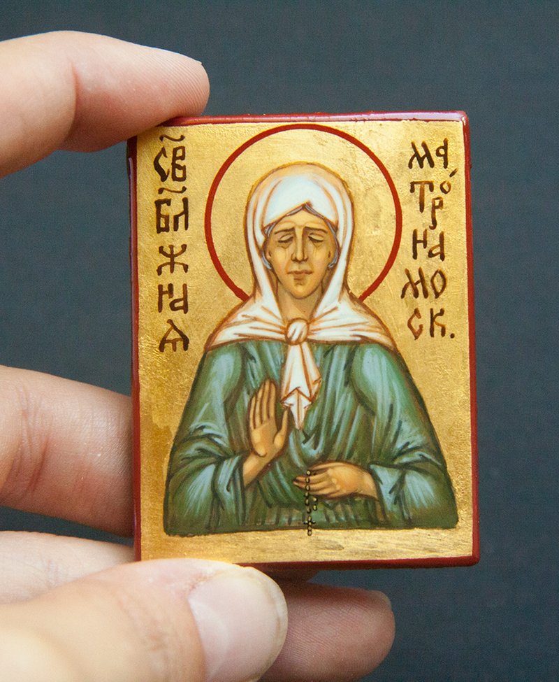 hand painted orthodox wood icon Saint Matrona Moscow Religious art pocket size - 其他 - 木頭 綠色
