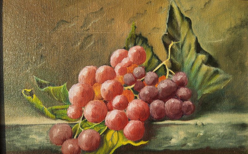 Bunch of Grapes Painting Still Life Original Oil Art 13.3x8.2 in Kitchen Dec - 插畫/繪畫/寫字 - 亞麻 