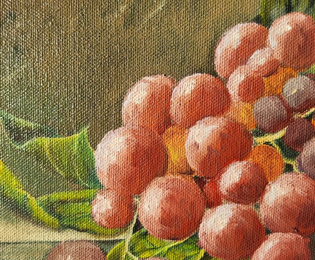 ブドウの房の絵画 静物画 オリジナル油絵 13.3x8.2インチ