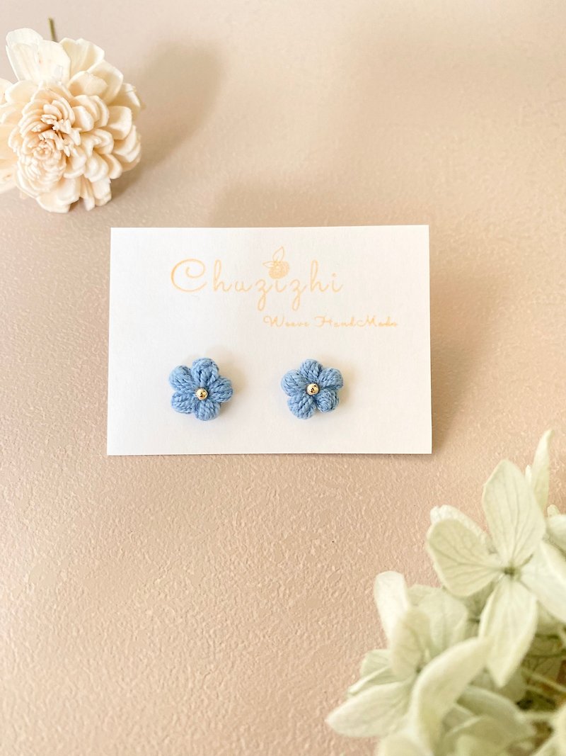 Crocheted Puff Flower Earrings Medical Steel Ear Pins - Earrings & Clip-ons - Cotton & Hemp Blue