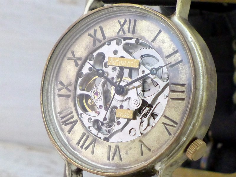 BAM041 Automatic Brass Oversized JUMBO (42mm) Roman numeral handmade wristwatch - นาฬิกาผู้หญิง - ทองแดงทองเหลือง สีทอง