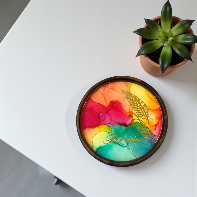 酒精墨水藝術優質胡桃木杯墊 - Best Wishes (C) - 擺飾/家飾品 - 其他材質 多色