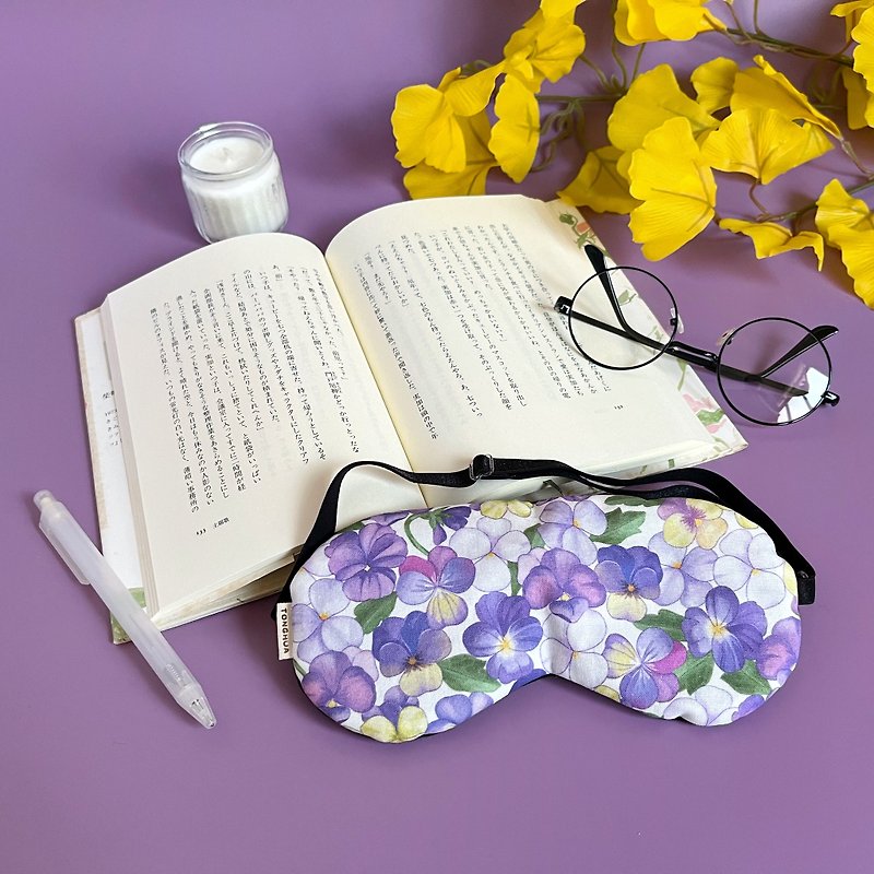 Organic cotton handmade eye mask, three-color purple cotton, adjustable length, with storage bag and flowers - Eye Masks - Cotton & Hemp Purple