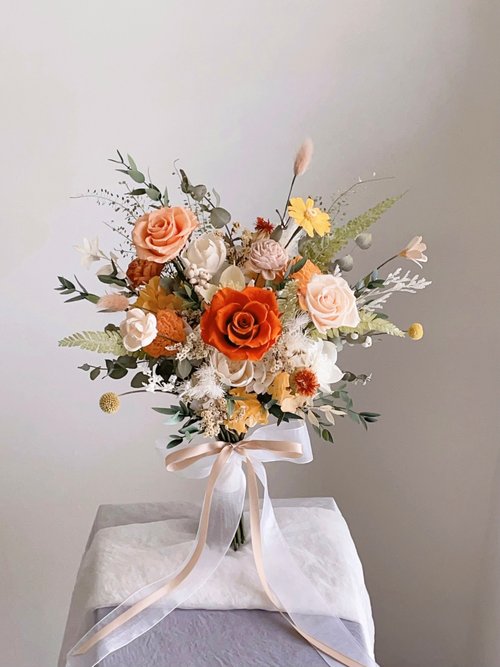 ドライパーマネントフラワー】オレンジと白のパーマネントローズブーケ