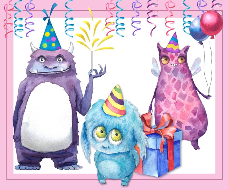 Monsters party. Watercolor illustration. PNG - 電子手帳及素材 - 其他材質 