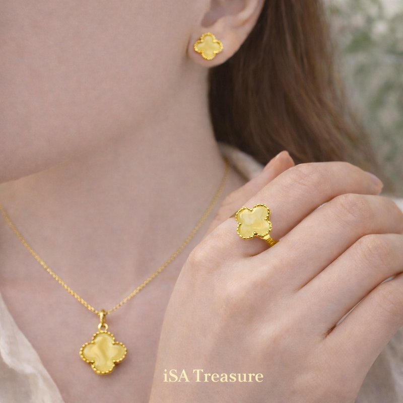 【Complete the Look】 White Honey Four-Leaf Clover • Warm Protection Sterling Silver Jewelry Set - Necklaces - Jade Pink