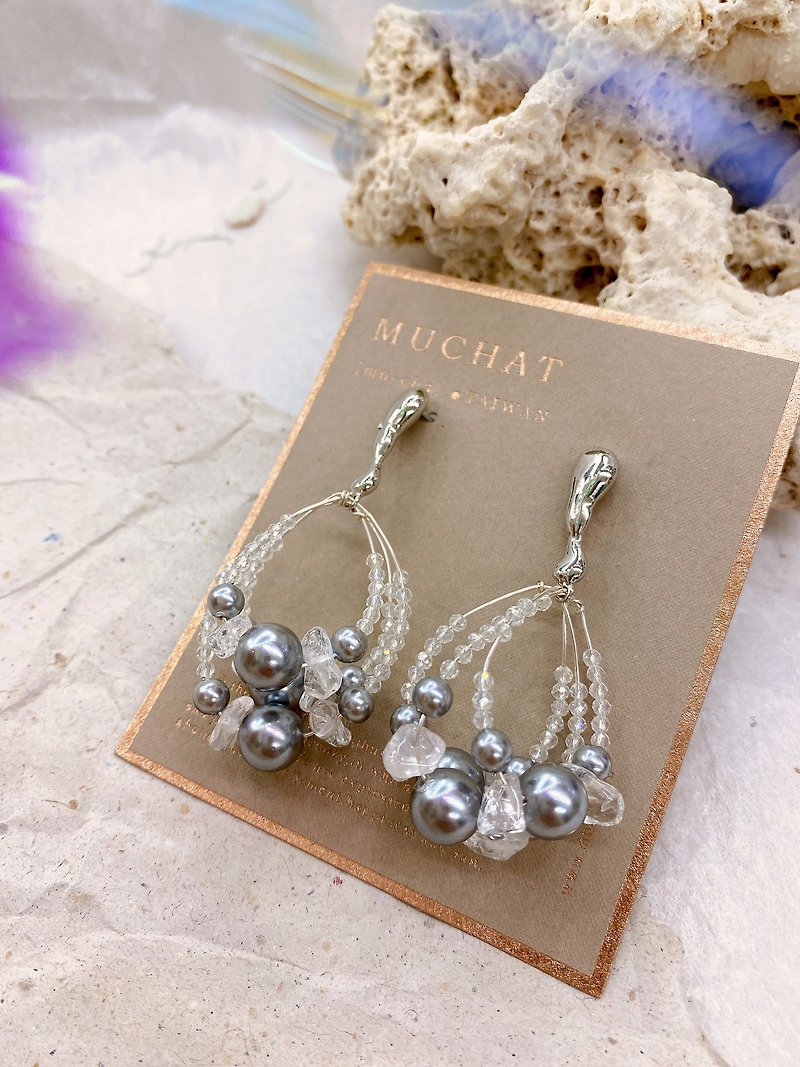 Bozi soda. MUCHAT handmade 14KGP hollow crystal pearl sterling silver needle earrings - ต่างหู - โลหะ สีเงิน