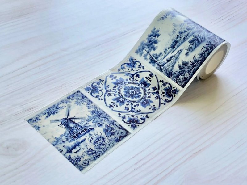 Delft blue and white tiles pattern Extra Washi Tape - 紙膠帶/和紙/PET - 紙 藍色