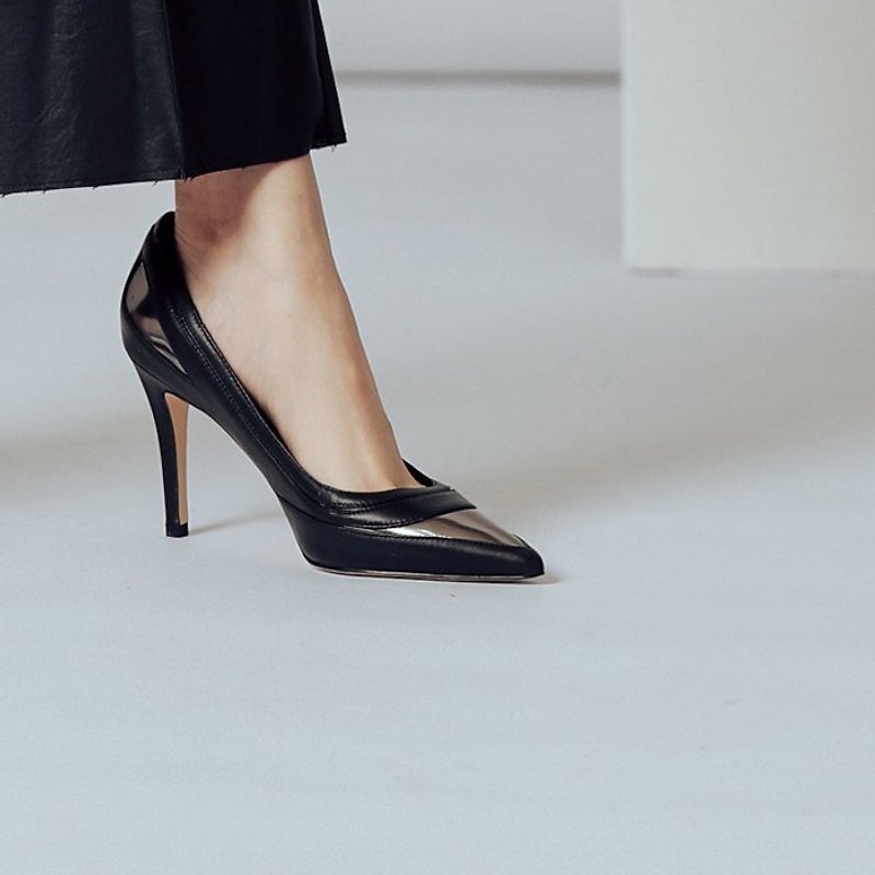 Personality splicing partial luster pointed leather high heels gun silver black - รองเท้าส้นสูง - หนังแท้ สีดำ