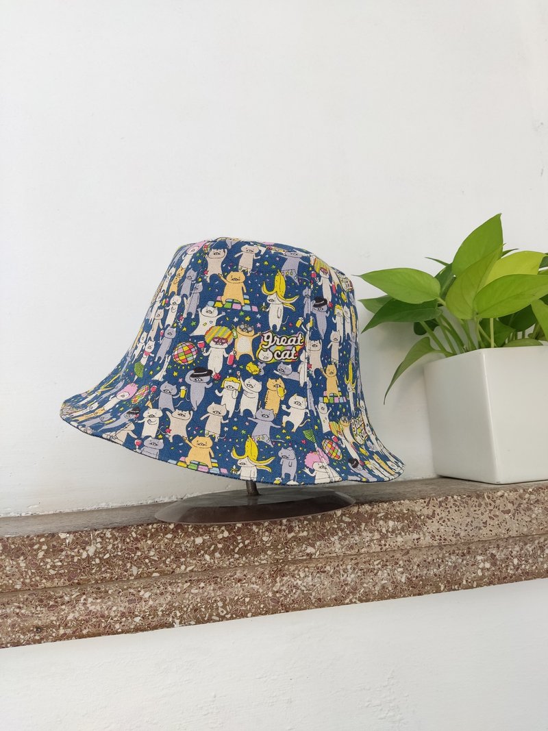 Handmade double-sided fisherman hat/short brim/sun hat/royal blue/cat party - Hats & Caps - Cotton & Hemp Blue