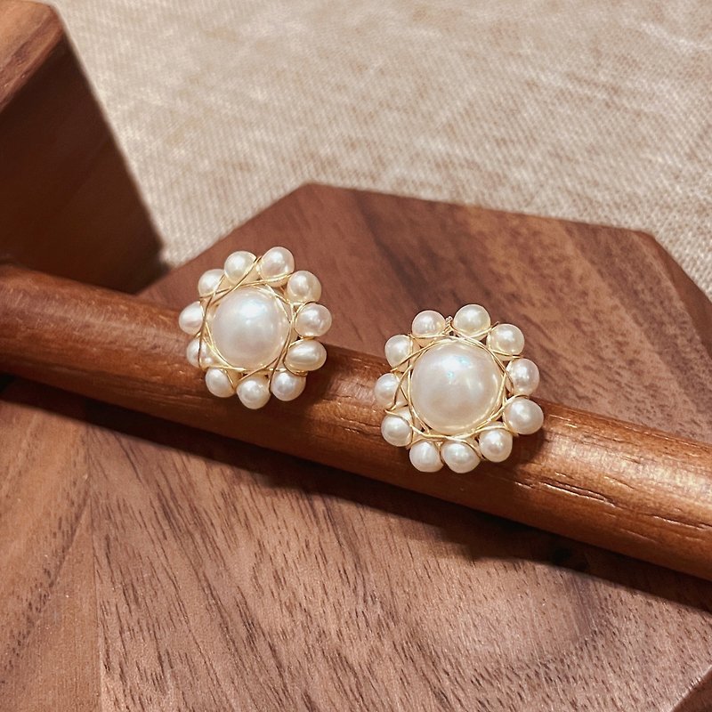 The Rising of the Sun | 14KGF Wire Wrap Pearl Earrings/Stud Earrings - Earrings & Clip-ons - Pearl Gold