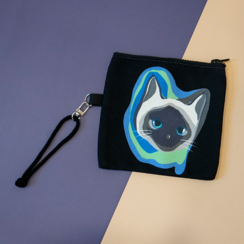 Illustration Canvas Pouch- A Siamese cat (Black) - กระเป๋าเครื่องสำอาง - เส้นใยสังเคราะห์ สีดำ