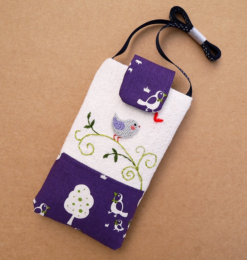 夢幻紫色鳥刺繡手機袋(L) 適合5.5吋手機 - 其他 - 棉．麻 