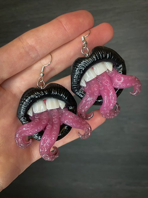 Polymer Diary Earrings. Black lips with tentacles.