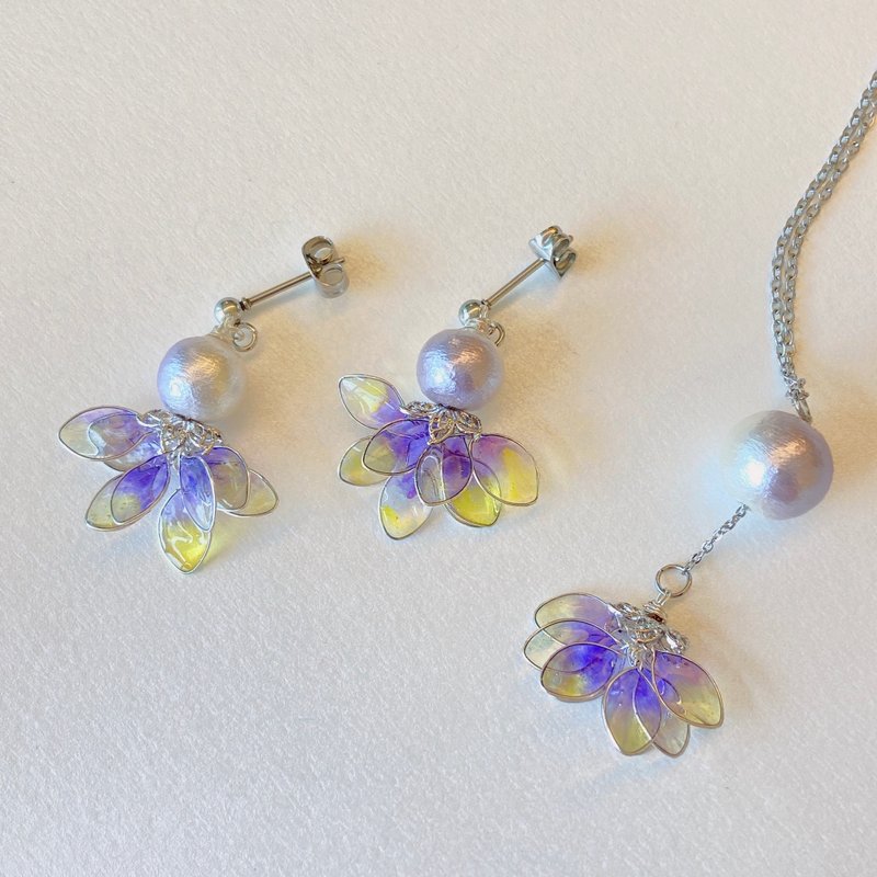 【AurorA Treasure Box】A041─Dancing Elf-Purple Yellow-Auricular Needle and Necklace Set - ต่างหู - เรซิน 
