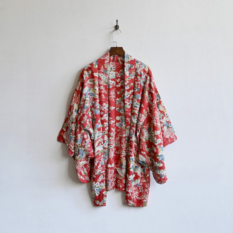 [Egg Plant Vintage] Hundred Flowers and Music Print Vintage Kimono Haori - Women's Casual & Functional Jackets - Silk Red