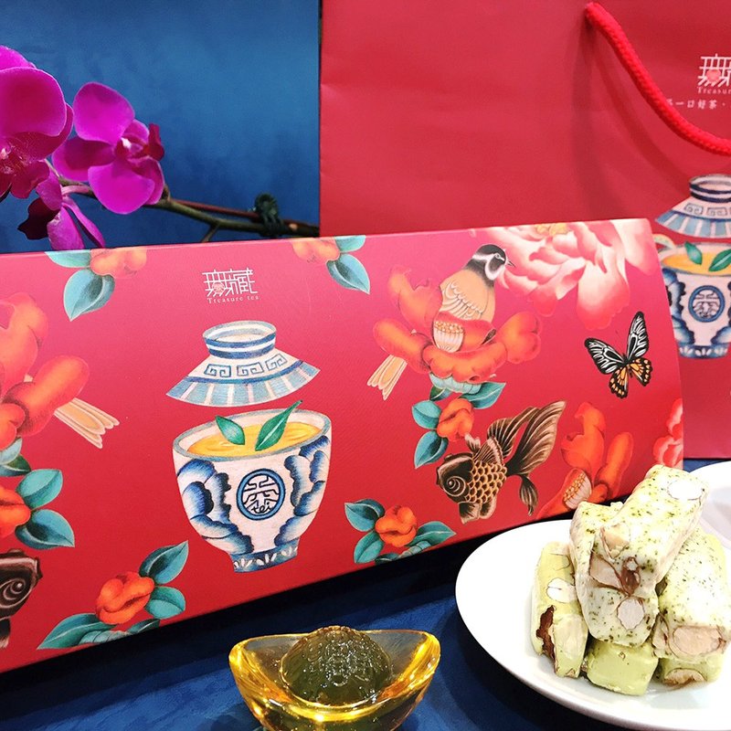 J2 [Wuzang] New Year and Spring Festival Charity Festive Long Gift Box - Comprehensive tea and food gift (Jinxuan Oolong + 1 cake) - Tea - Fresh Ingredients Red