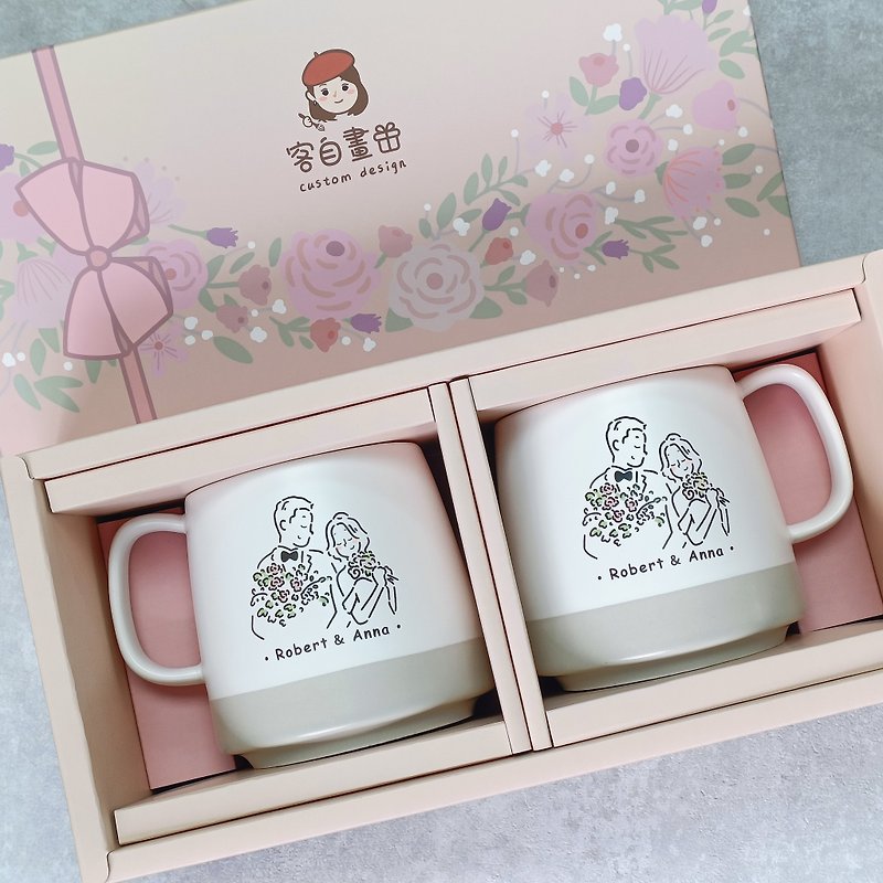 [Customized] Simple cute portrait_Couple pairing cups_Valentine's Day gift box_Comes with mobile phone tablecloth - Cups - Pottery Multicolor