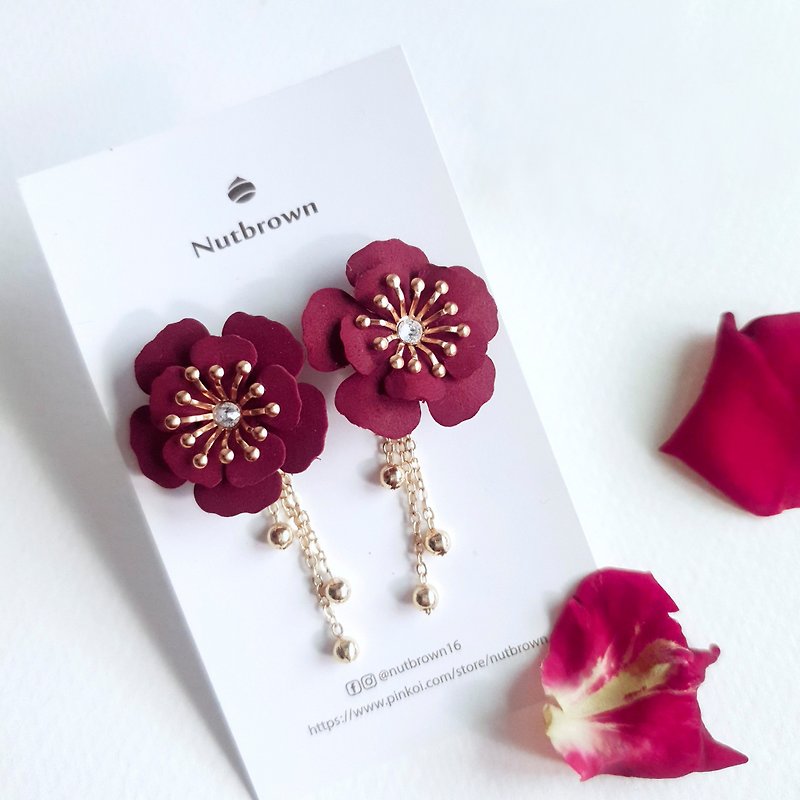 Leather Series-Burgundy Ball Leather Flower Earrings/ Clip-On - Earrings & Clip-ons - Genuine Leather Red